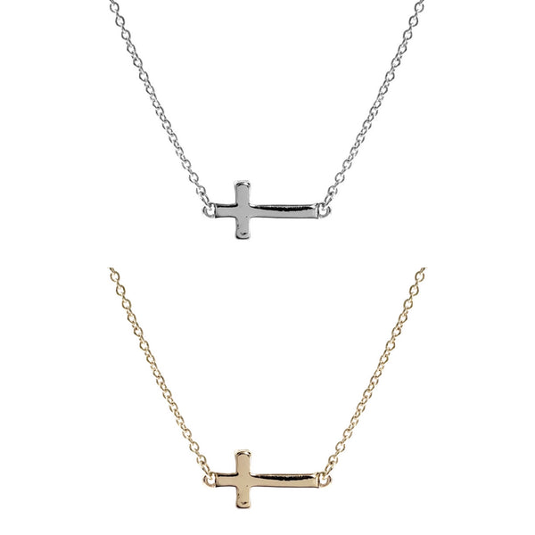 Sideways Cross Simple Necklace in Silver or Gold