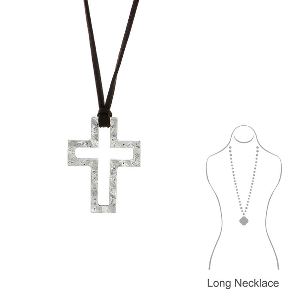 Cross of Life Hammered Pendant Long Necklace (34 in)