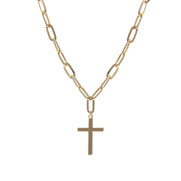 Paperclip Chain Cross Necklace, 20" w/ 3" Extension - Style 1