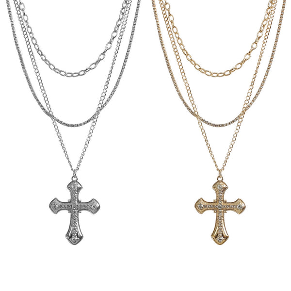 Cross Pendant 3 Line Layered Necklace in Silver or Gold (16/18/20+3in)