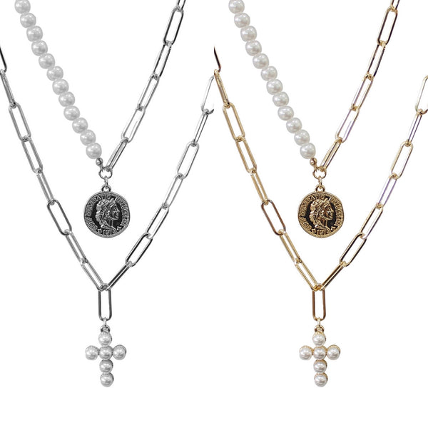 Coin & Pearl Cross Pendant Layered 2 Chain Necklace, Silver or Gold (17/19+3in)