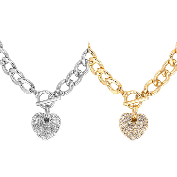 Puffy Pave Crystal Heart Necklace in Silver or Gold (1x0.9in)(17in)