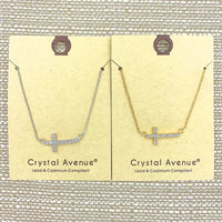 Rhinestone Sideway Cross Necklace in Rhodium or Gold Plated (0.75x0.5in)(14+3in)