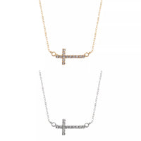 Rhinestone Sideway Cross Necklace in Rhodium or Gold Plated (0.75x0.5in)(14+3in)