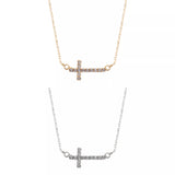 Rhinestone Sideway Cross Necklace in Rhodium or Gold Plated (0.75x0.5in)(14+3in)