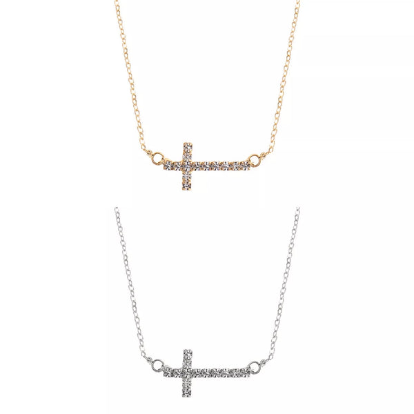 Rhinestone Sideway Cross Necklace in Rhodium or Gold Plated (0.75x0.5in)(14+3in)