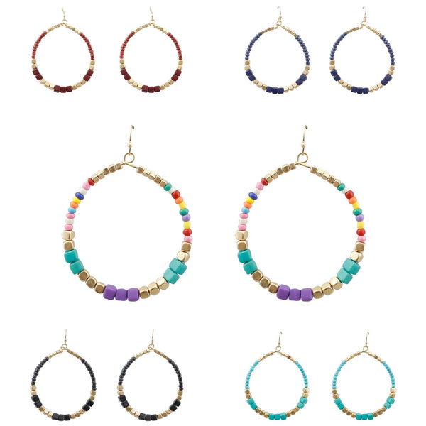 Cube Seed Bead Hoop Earrings in 5 Colors - Beaded, Crystal Avenue (2x3in)