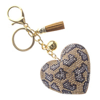 Crystal Studded Leopard Print Heart Tassel Key Chain (2.75x2.5in)