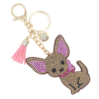 Crystal Studded Chihuahua Ribbon Tassel Key Chain - Brown Stones (2.5x6in)