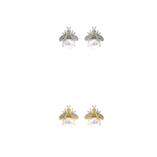 Cute Bee Pearl Cubic Zirconia Stud Earrings (0.42x0.43in)