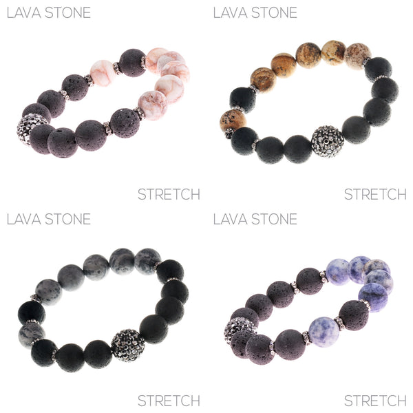 12mm Lava Stone Natural Bead Black Nickel Plated Stretch Bracelet - 5 Colors Available