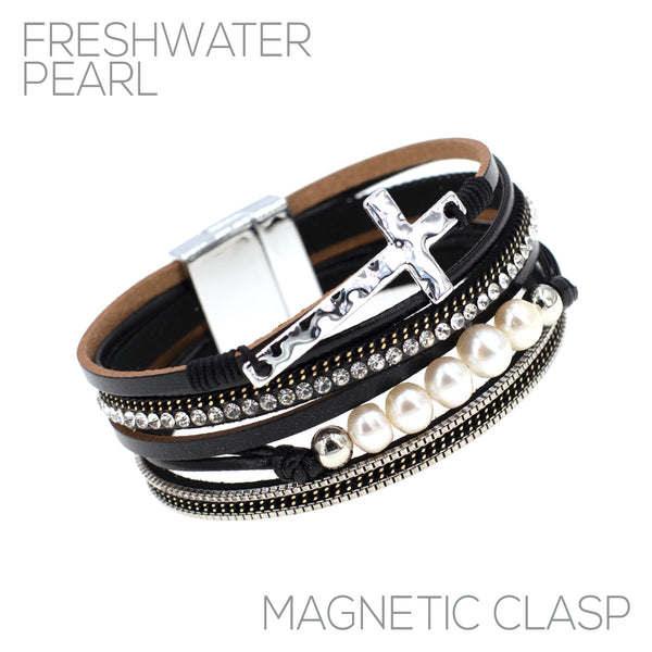 Cross Freshwater Pearl Leather Magnetic Clasp Bracelet - 2 Colors (7.75 in)