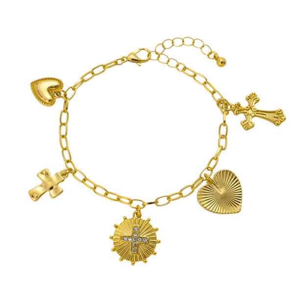 Cross Heart Multi Charm Bracelet (7+1.5in)(84470CR-G)