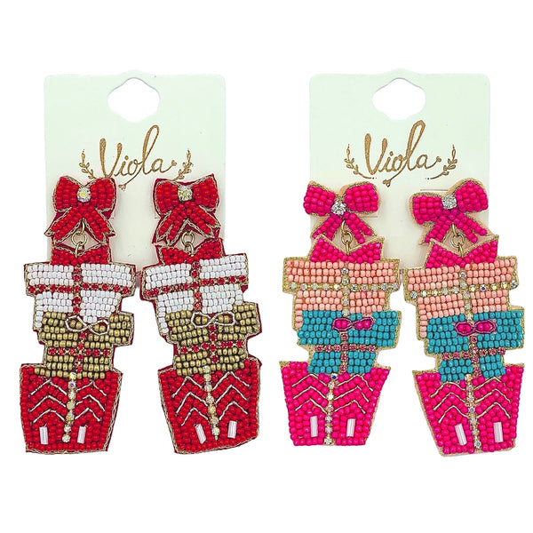 Stacked Christmas Present Boxes Seed Bead Earrings - 2 Colors, Beaded (1.25x3in)