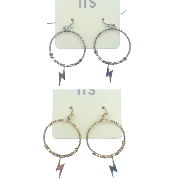 Lightning Dangle Drop Hoop Earrings - Silver or Gold Plated (1.1x1.5in)