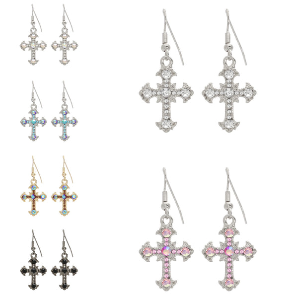 Crystal Vintage Dangle Cross Earrings in 5 Colors (0.6x1.7in)