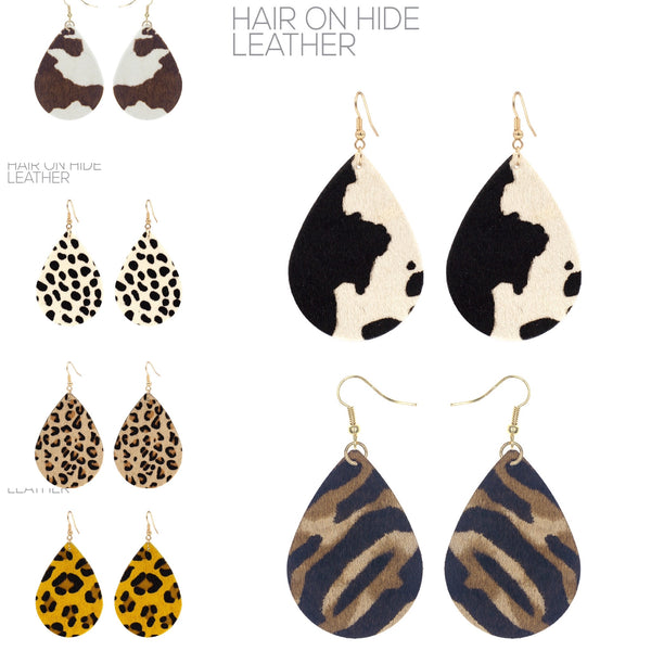 Animal Print Hair on Hide Leather Teardrop Earrings - 6 Colors (1.70x3.15)