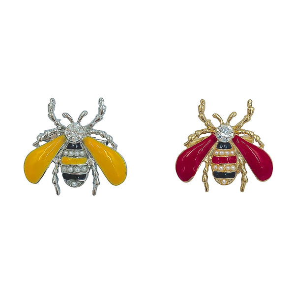 Bumble Bee Enamel Colored w/ Pearls & Crystal Pin in Red or Yellow (1.9x1.125in)