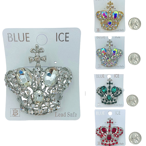 Royal Crown w/ Cross Top Pin Brooch - 10 Colors Available (2x2in)