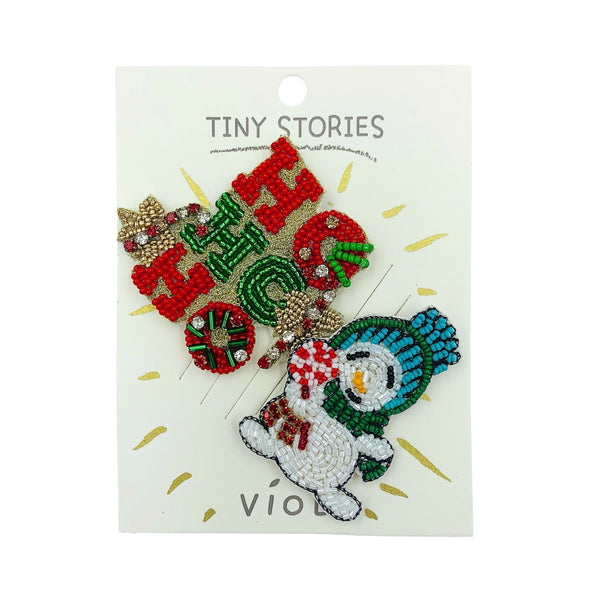 Ho, Ho, Ho Christmas Themed Snowman Beaded Brooch Pin Set