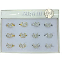 Bulk 12 PCS Stainless Steel Crystal Studded Butterfly Rings (IRI-939)