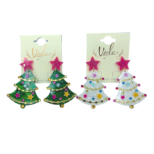 Acrylic Christmas Tree Pink Star Earrings in Green or White (13-6623GGR)