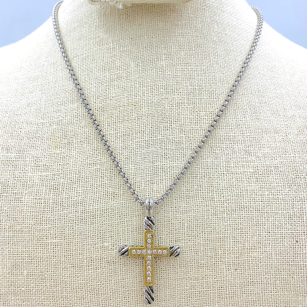 Silver & Gold Cable Crystal Cross Pendant Rhodium Plated Necklace (16+3in)