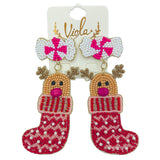 Reindeer Inside Christmas Stocking Seed Bead Earrings - Beaded (1.5x3.75in)