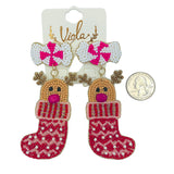 Reindeer Inside Christmas Stocking Seed Bead Earrings - Beaded (1.5x3.75in)