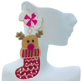 Reindeer Inside Christmas Stocking Seed Bead Earrings - Beaded (1.5x3.75in)