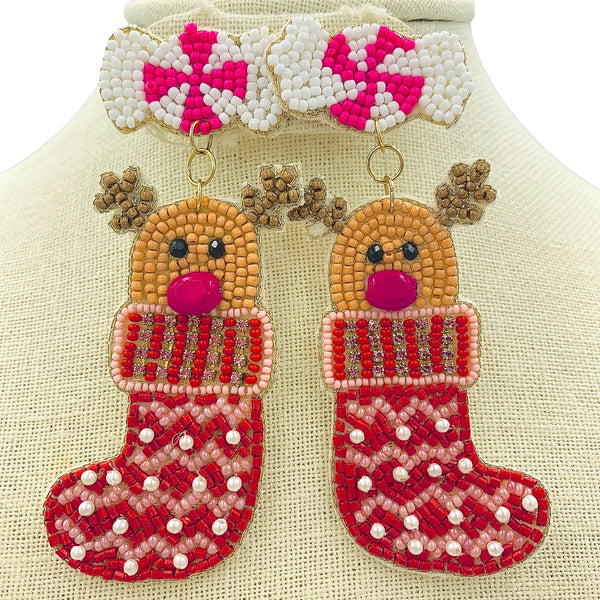 Reindeer Inside Christmas Stocking Seed Bead Earrings - Beaded (1.5x3.75in)