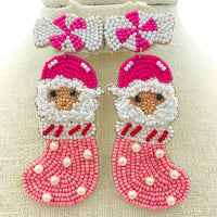 Santa Claus Inside Christmas Stocking Seed Bead Earrings (1.25x3.5in)