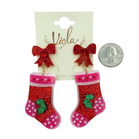 Christmas Stocking Glitter & Pearl Acrylic Earrings - (1.625x3in)