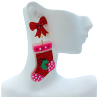 Christmas Stocking Glitter & Pearl Acrylic Earrings - (1.625x3in)