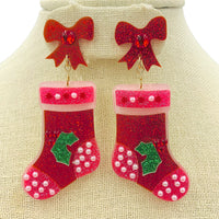 Christmas Stocking Glitter & Pearl Acrylic Earrings - (1.625x3in)