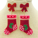 Christmas Stocking Glitter & Pearl Acrylic Earrings - (1.625x3in)