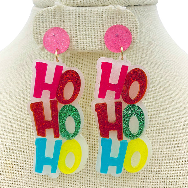 "Ho, Ho, Ho" Christmas Themed Glitter Acrylic Earrings - (1.25x2.75in)