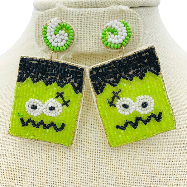 Green Monster Frankenstein Seed Bead Earrings - Beaded, Halloween (1.25x2.25in)