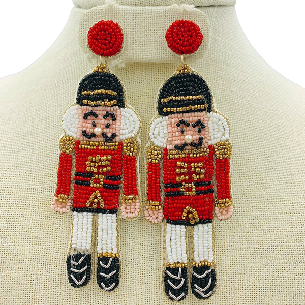 Christmas Nutcracker Toy Soldier Seed Bead Earrings - Beaded (1.4x4in)