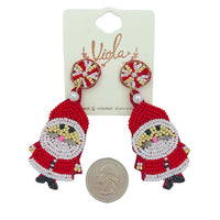 Santa Claus Pearl Seed Bead Earrings - Christmas, Beaded (1.25x2.75in)