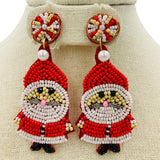 Santa Claus Pearl Seed Bead Earrings - Christmas, Beaded (1.25x2.75in)