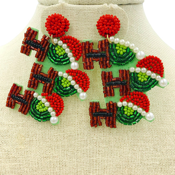 Ho, Ho, Ho Christmas Themed Pearl Seed Bead Earrings - Beaded (2x2.5in)