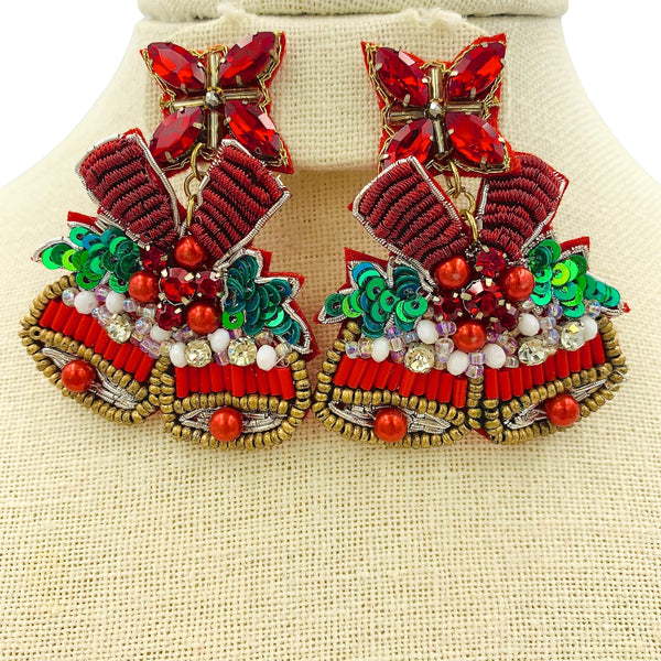 Christmas Themed Jingle Bells Woven Seed Bead Earrings - Beaded (2x2.5in)