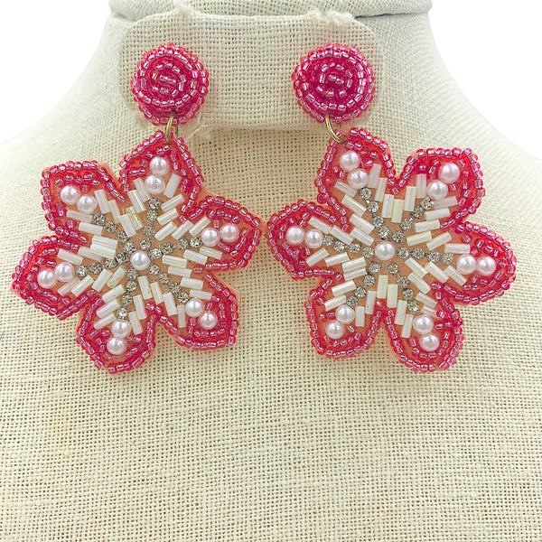 Pink Snowflake Christmas Pearl & Crystal Seed Bead Earrings (1.75x2.5in)