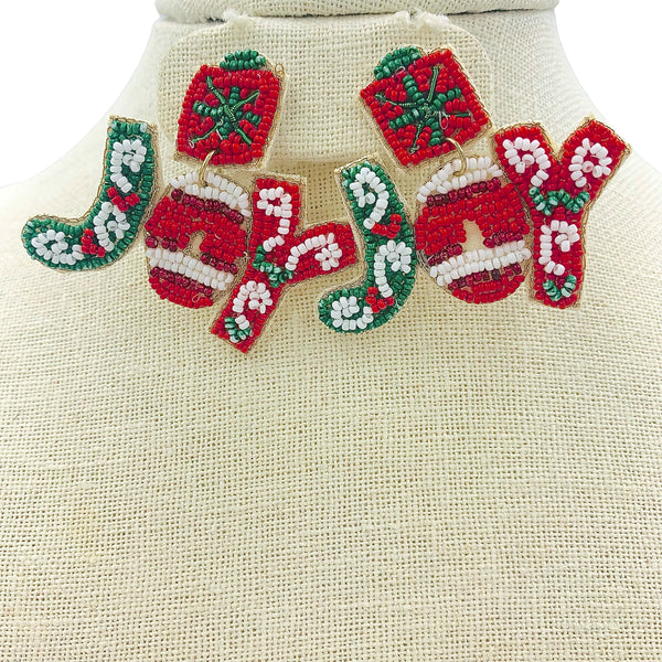 Christmas Themed Joy Present Box Seed Bead Earrings - Beaded (2x1.75)