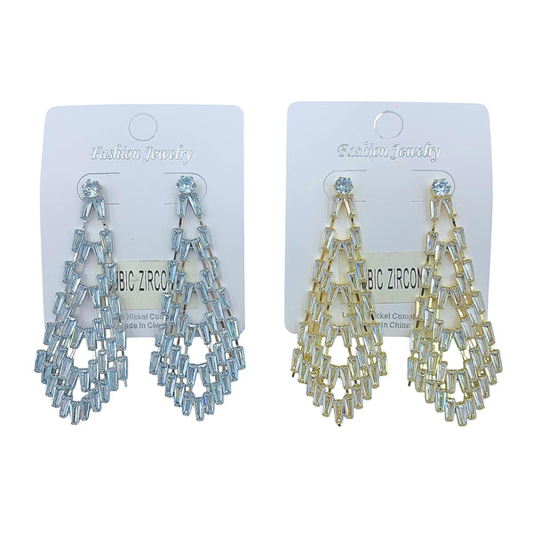 Cubic Zirconia Emerald Cut Chandelier Earrings in Silver or Gold