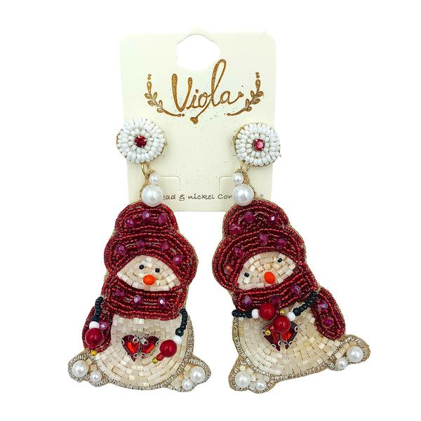 Snowman Wearing Red Hat and Scarf Christmas Themed Beaded Earrings