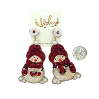 Snowman Wearing Red Hat and Scarf Christmas Themed Beaded Earrings