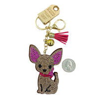 Crystal Studded Chihuahua Ribbon Tassel Key Chain - Brown Stones (2.5x6in)