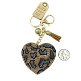 Crystal Studded Leopard Print Heart Tassel Key Chain (2.75x2.5in)